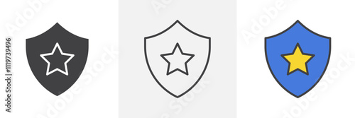 Police badge icon collection in black and colored style.