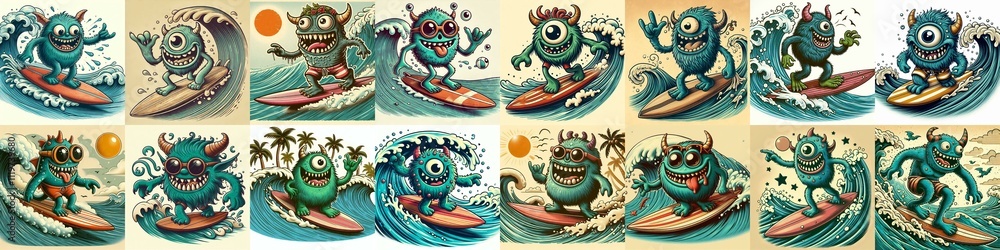Cartoon style monster surfer. AI generated illustration