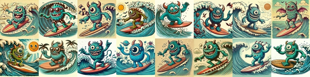 Cartoon style monster surfer. AI generated illustration