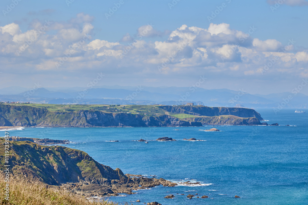 Fototapeta premium View of the Cantabrian Sea and the rocky steep coast from the observation deck