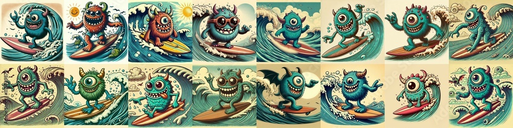 Cartoon style monster surfer. AI generated illustration