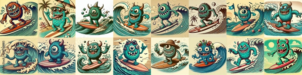Cartoon style monster surfer. AI generated illustration
