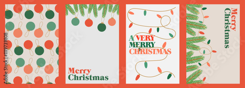 Merry Christmas modern card set elements greeting text lettering red, gold and green vector