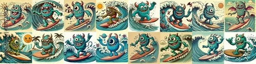 Obraz na płótnie Cartoon style monster surfer. AI generated illustration w salonie