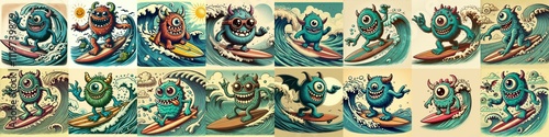 Obraz na płótnie Cartoon style monster surfer. AI generated illustration w salonie
