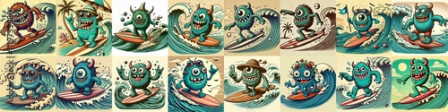 Obraz na płótnie Cartoon style monster surfer. AI generated illustration w salonie
