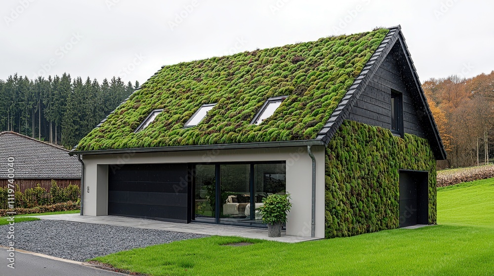 Eco-Friendly Modern House Covered in Greenery with Sustainable Design Elements and Natural Landscape in Background Eco-Friendly Modern House Covered in Greenery with Sustainable Design Elements and Natural Landscape in Background