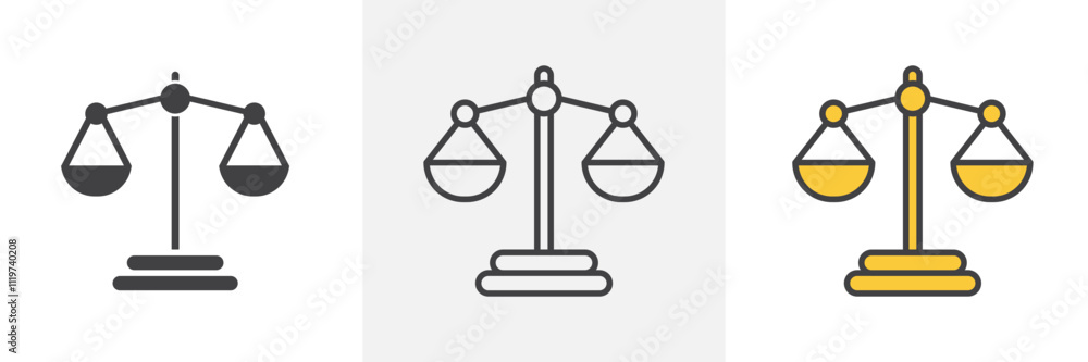 Scales of justice icon collection in black and colored style. Scales of justice icon collection in black and colored style.