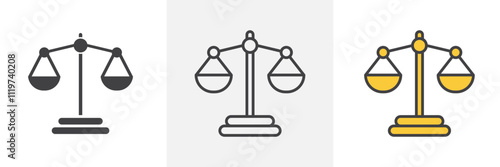 Scales of justice icon collection in black and colored style.