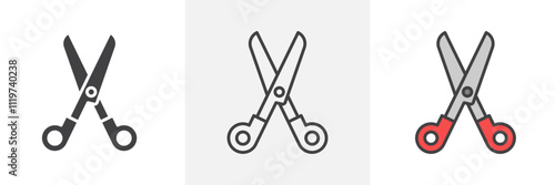 Scissors icon collection in black and colored style.