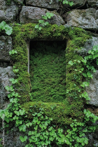 A lush green moss wall with a rough-hewn stone frame, the center is blank