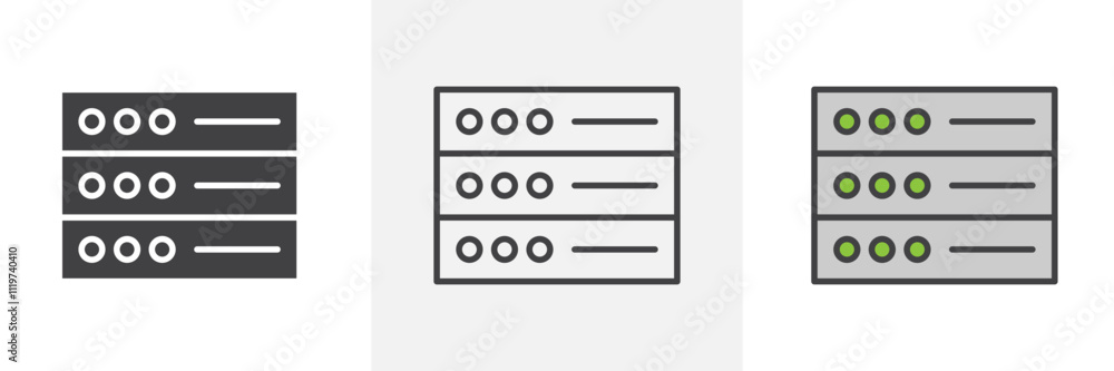 Server rack icon collection in black and colored style. Server rack icon collection in black and colored style.