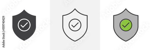 Shield check mark icon collection in black and colored style.