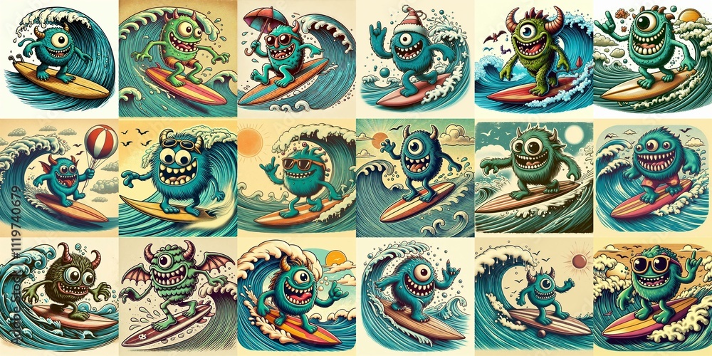 Cartoon style monster surfer. AI generated illustration
