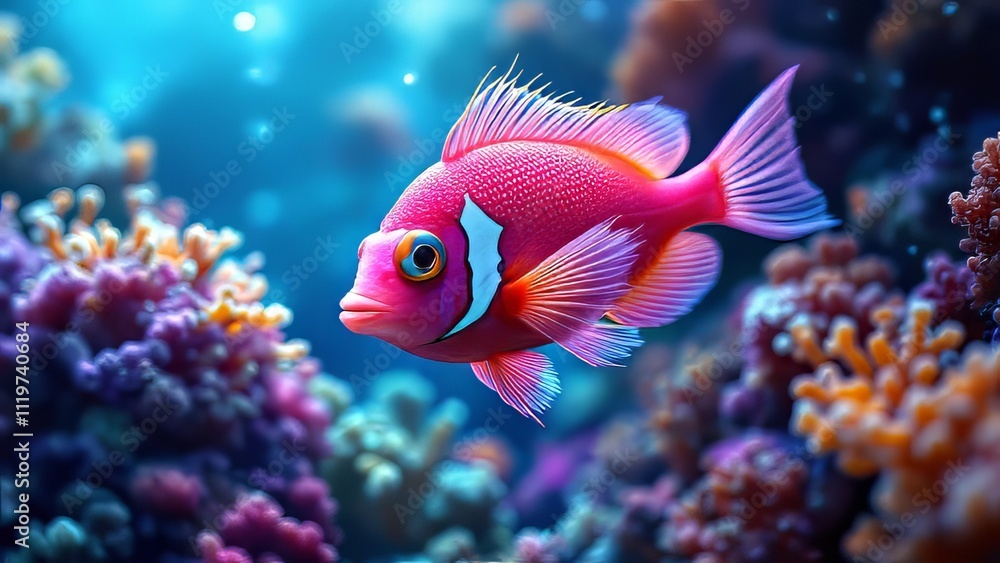 Double-exposed pink anemonefish, AI art. Double-exposed pink anemonefish, AI art.