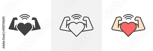 Strong heart icon collection in black and colored style.