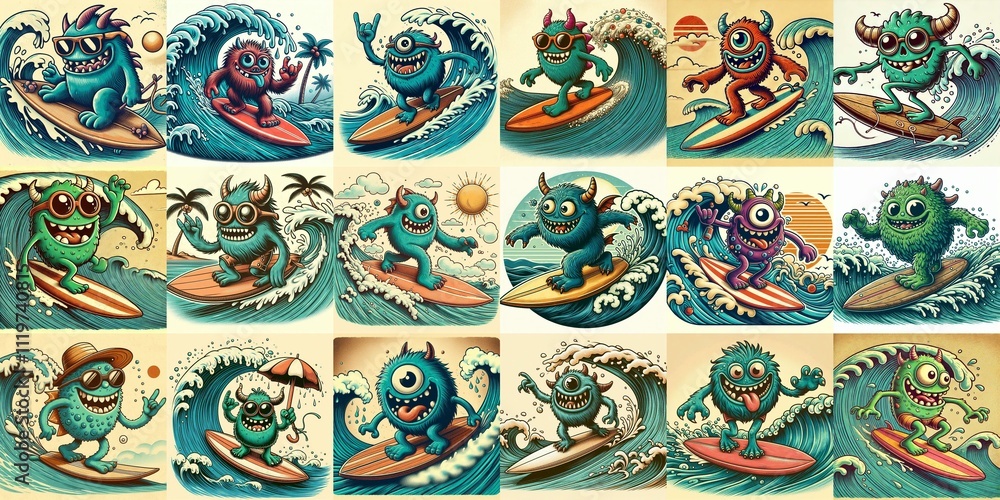 Cartoon style monster surfer. AI generated illustration