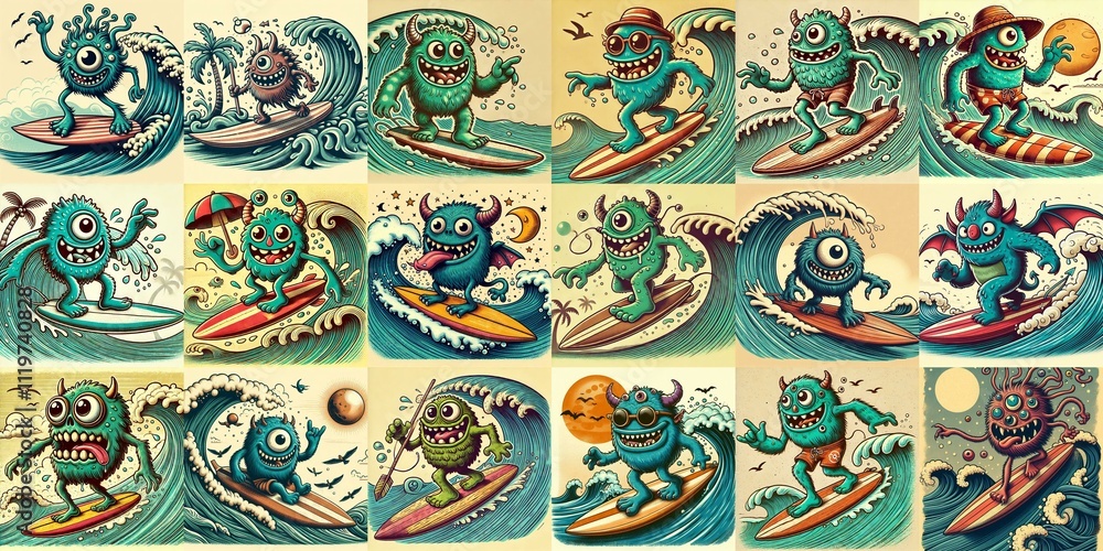 Cartoon style monster surfer. AI generated illustration