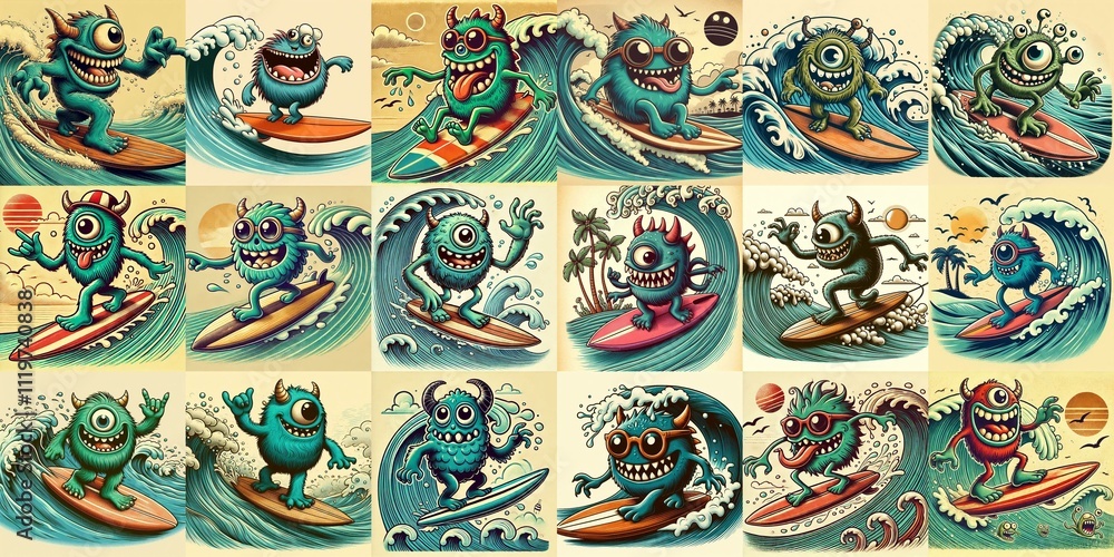 Cartoon style monster surfer. AI generated illustration