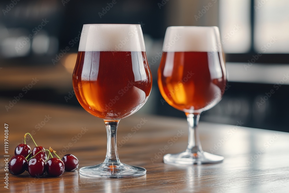 rustic beer bar, two cherry-infused beers sit on the wooden bar, amid cozy decor and rustic charm, under a soft glow rustic beer bar, two cherry-infused beers sit on the wooden bar, amid cozy decor and rustic charm, under a soft glow