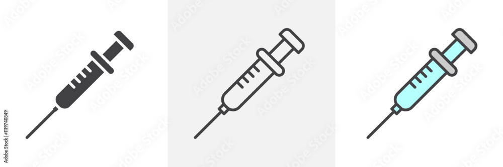 Syringe injection icon collection in black and colored style. Syringe injection icon collection in black and colored style.