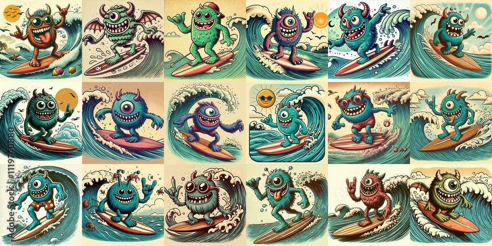 Cartoon style monster surfer. AI generated illustration