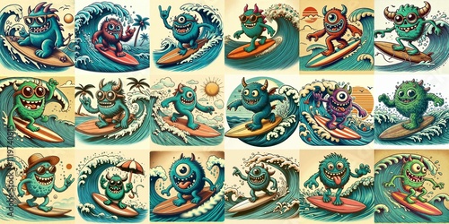 Obraz na płótnie Cartoon style monster surfer. AI generated illustration w salonie
