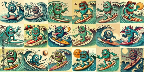 Obraz na płótnie Cartoon style monster surfer. AI generated illustration w salonie