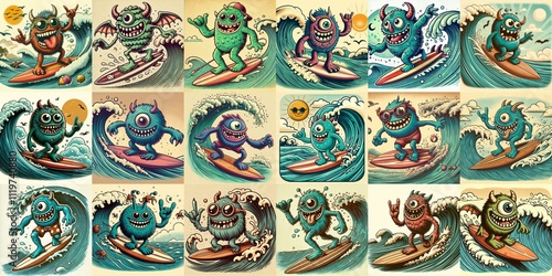 Obraz na płótnie Cartoon style monster surfer. AI generated illustration w salonie
