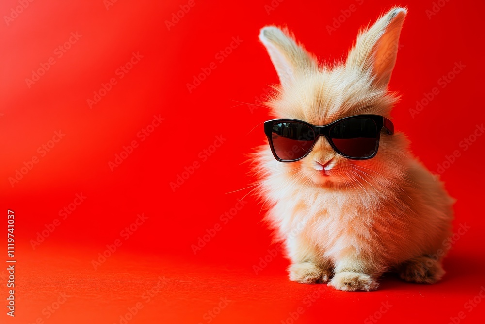 Cute fluffy rabbit wearing stylish sunglasses poses against a bright red background, showcasing a playful and whimsical character in a charming setting. Cute fluffy rabbit wearing stylish sunglasses poses against a bright red background, showcasing a playful and whimsical character in a charming setting.