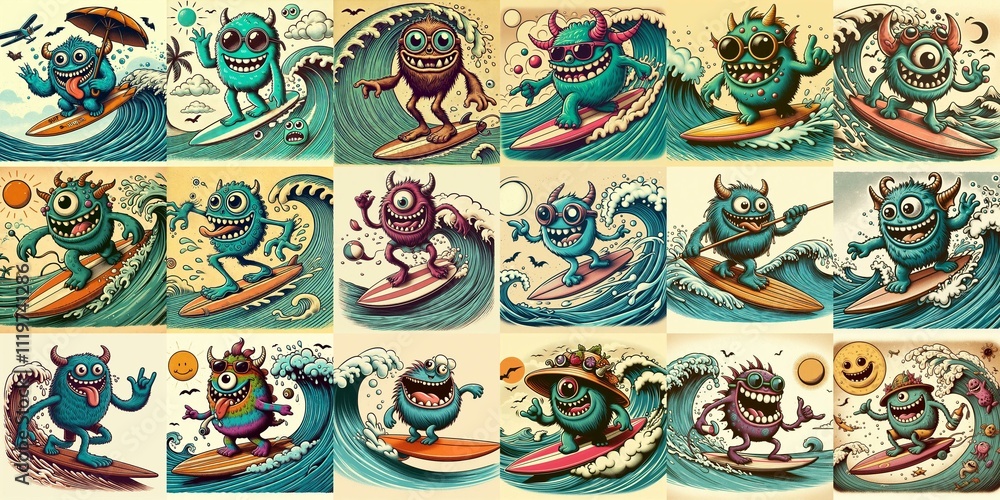 Cartoon style monster surfer. AI generated illustration