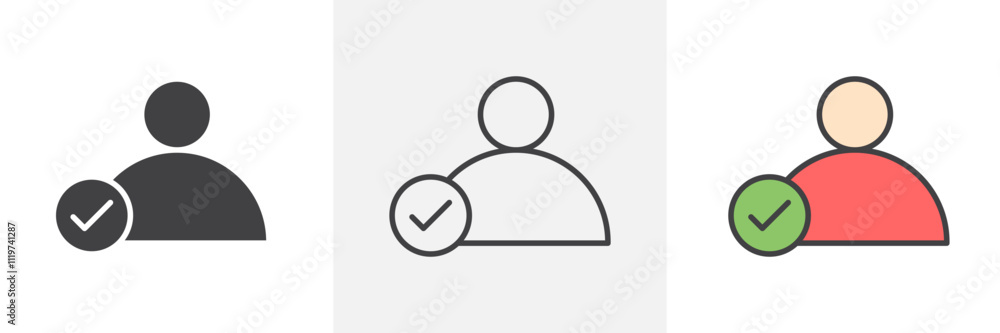 User check icon collection in black and colored style. User check icon collection in black and colored style.