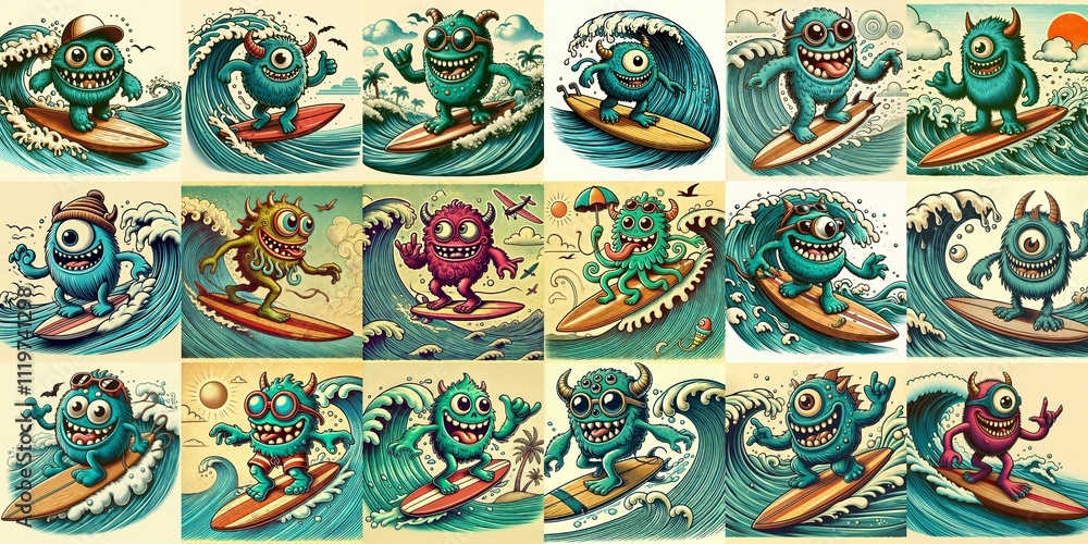 Cartoon style monster surfer. AI generated illustration