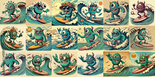 Cartoon style monster surfer. AI generated illustration