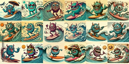 Obraz na płótnie Cartoon style monster surfer. AI generated illustration w salonie