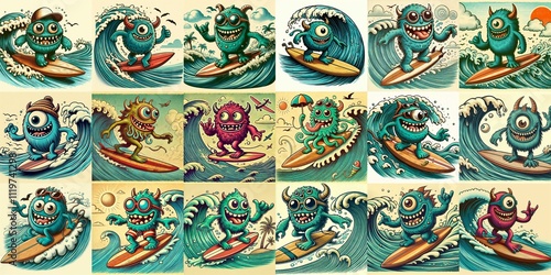 Obraz na płótnie Cartoon style monster surfer. AI generated illustration w salonie