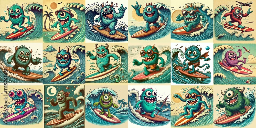 Cartoon style monster surfer. AI generated illustration