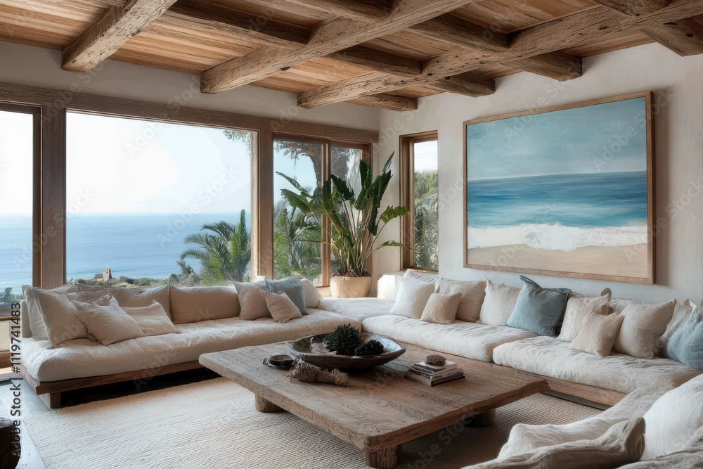 Coastal living room large windows ocean view rustic wooden furniture L shaped sofa Coastal living room large windows ocean view rustic wooden furniture L shaped sofa