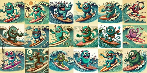 Obraz na płótnie Cartoon style monster surfer. AI generated illustration w salonie