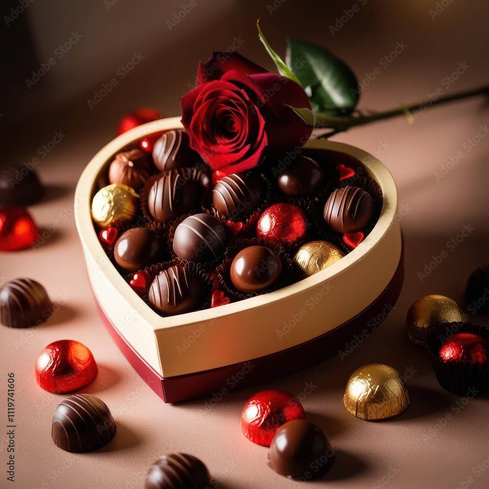 A heart-shaped box filled with assorted chocolates, complemented by a red rose, creating a romantic and indulgent gift presentation. A heart-shaped box filled with assorted chocolates, complemented by a red rose, creating a romantic and indulgent gift presentation.