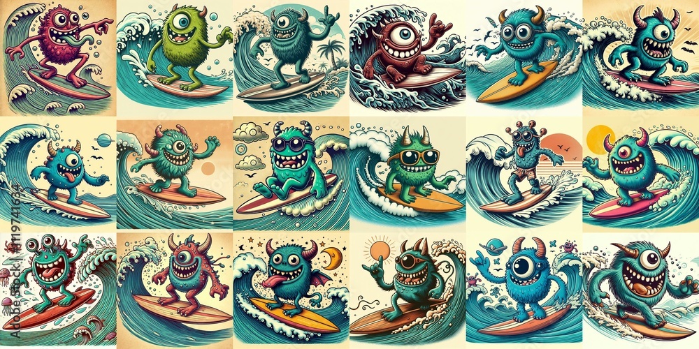 Cartoon style monster surfer. AI generated illustration