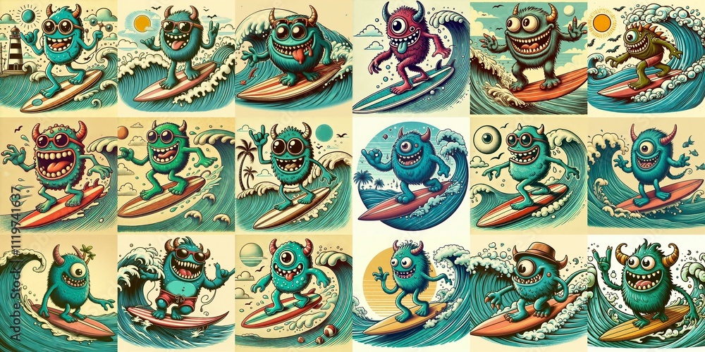Cartoon style monster surfer. AI generated illustration