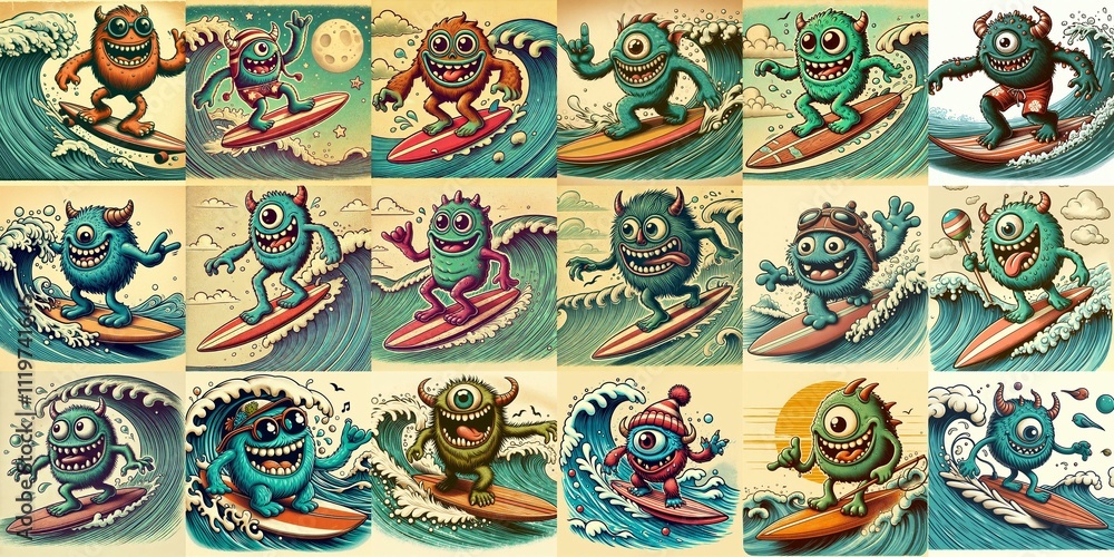 Cartoon style monster surfer. AI generated illustration