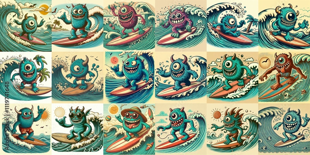 Cartoon style monster surfer. AI generated illustration