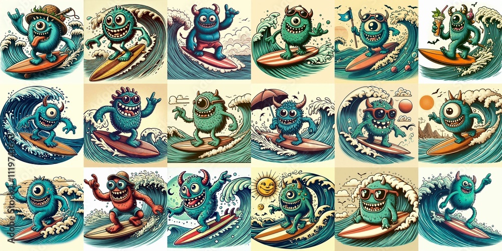 Cartoon style monster surfer. AI generated illustration