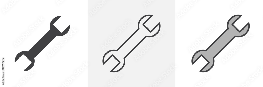 Wrench icon collection in black and colored style. Wrench icon collection in black and colored style.