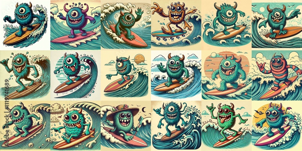 Cartoon style monster surfer. AI generated illustration