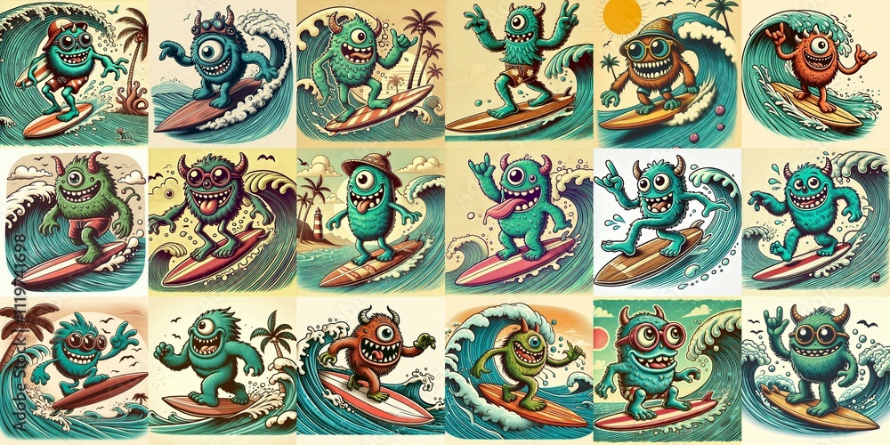Cartoon style monster surfer. AI generated illustration