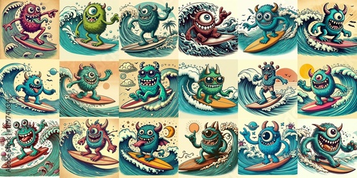 Obraz na płótnie Cartoon style monster surfer. AI generated illustration w salonie