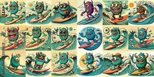 Obraz na płótnie Cartoon style monster surfer. AI generated illustration w salonie